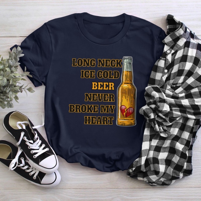 long neck ice cold beer never broke my heart shirt